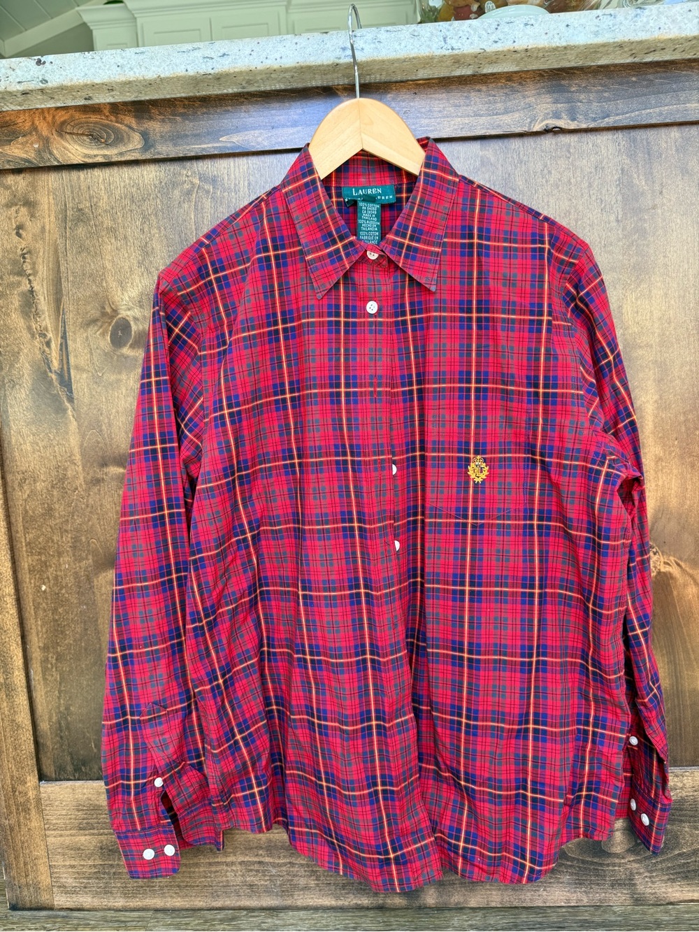 Lauren Ralph Lauren|Red Tartan Plaid Button Down Shirt Women’s Large 100% Cotton